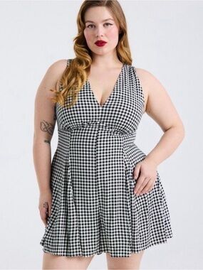 Torrid Retro Chic Black and White Gingham V-Neck Romper